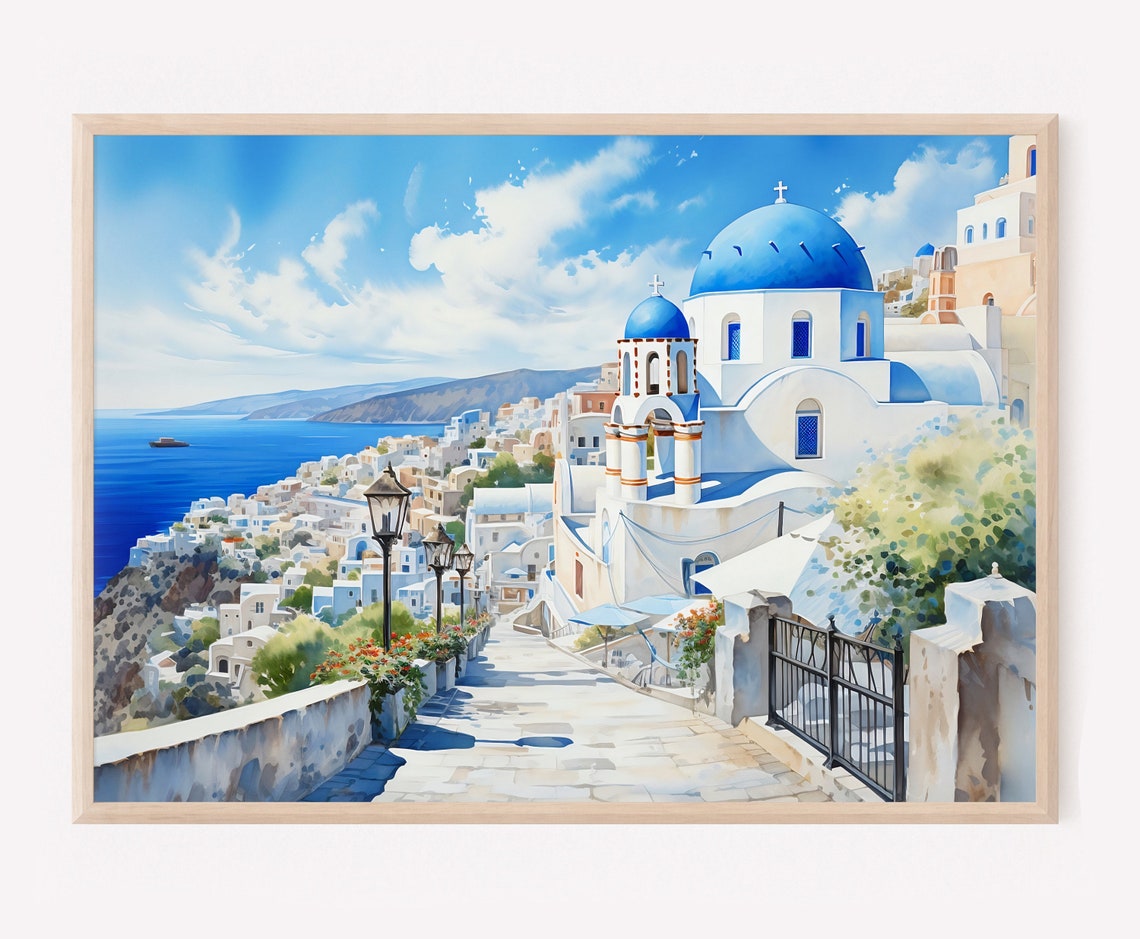 Santorini Greece Blue Domed Churches Village Watercolor Poster