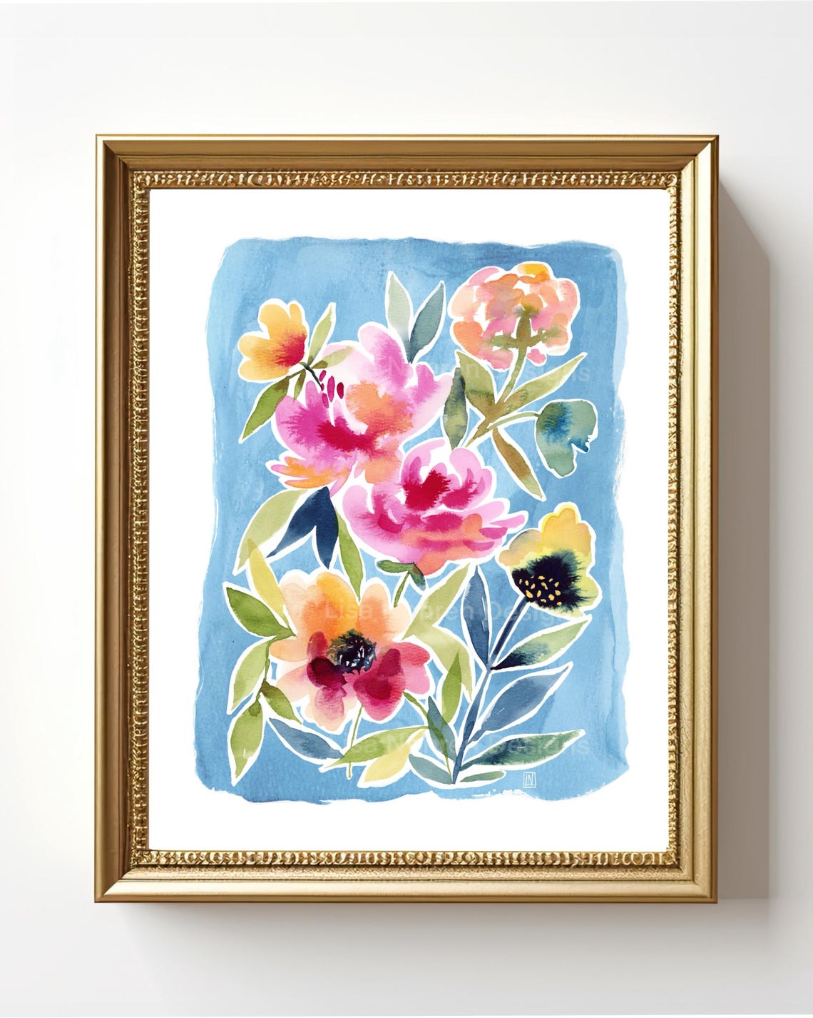 Blue Floral Watercolor Bouquet Poster Pink Blossoms Botanical Artwork