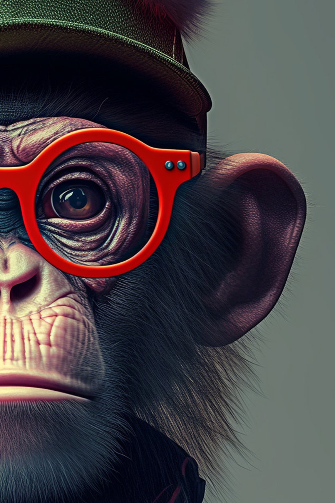 Chimp in Green Cap Red Glasses Suspenders Cute Nerdy Animal Poster - Image 2