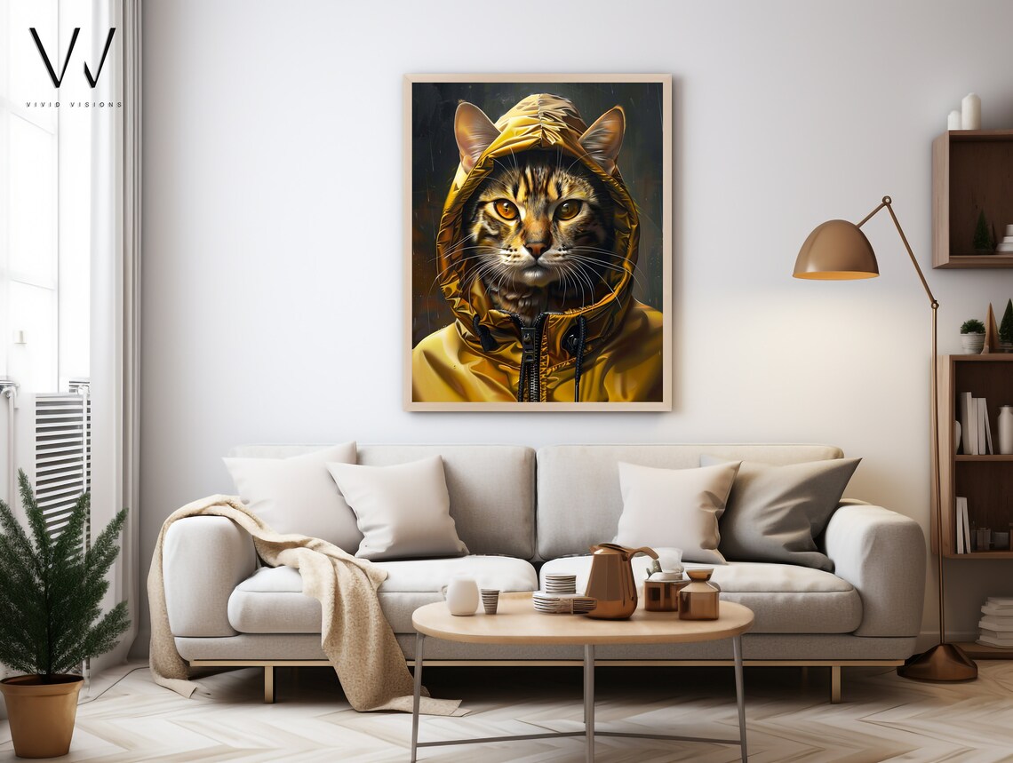 Tabby Cat in Yellow Hooded Rain Jacket Bold Modern Art Poster - Image 4