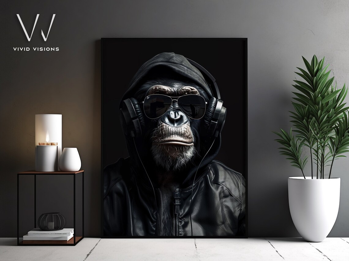 Chimp in Black Hoodie Sunglasses Headphones Dark DJ Portrait Poster