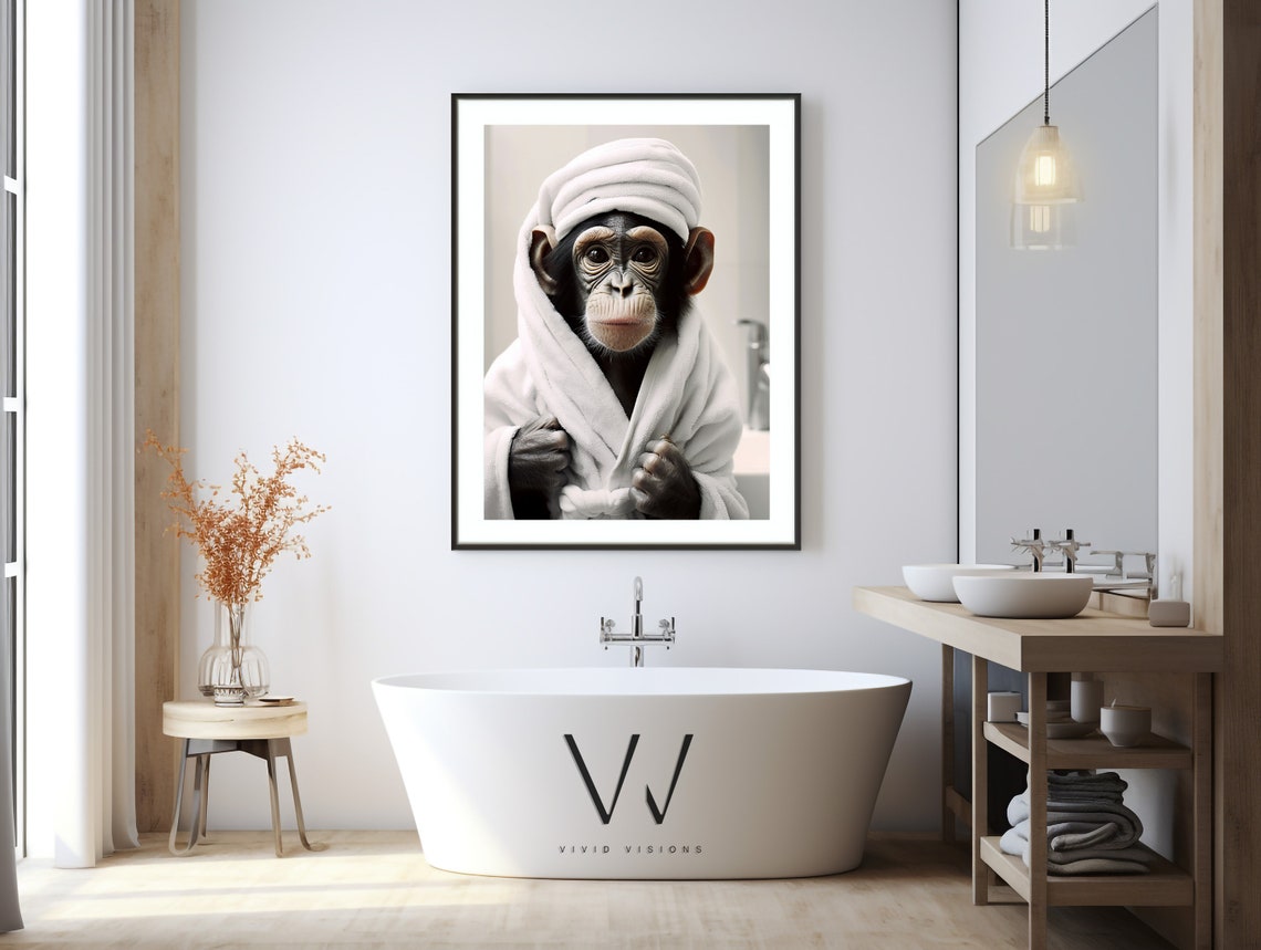 Chimpanzee in a White Bathrobe with a Spa Towel Wrap on Head Poster - Image 3