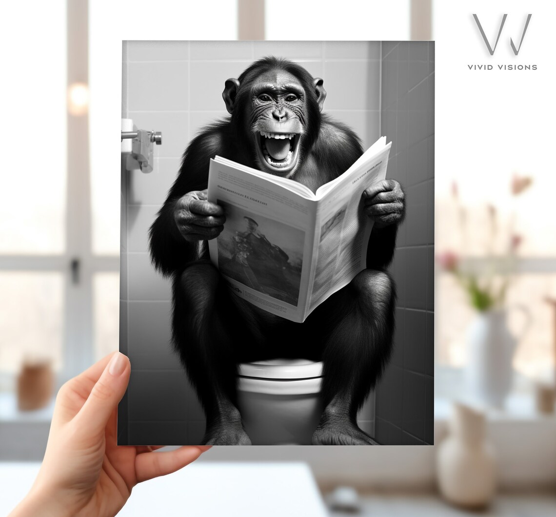 Monkey Sitting On The Toilet, Rustic Bath Art Print - Image 4