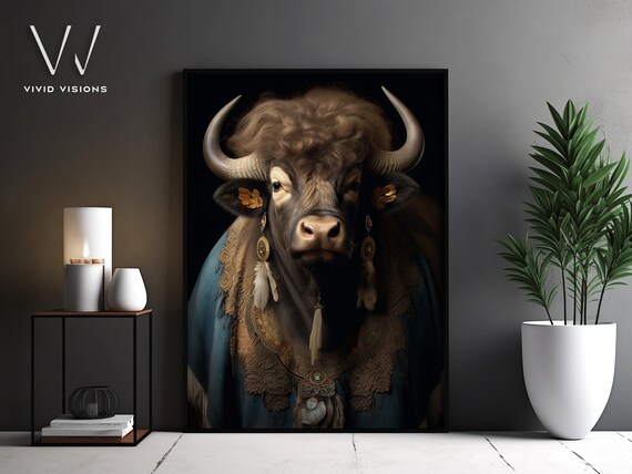 Buffalo in Blue Shawl Gold Jewelry Regal Animal Portrait Poster