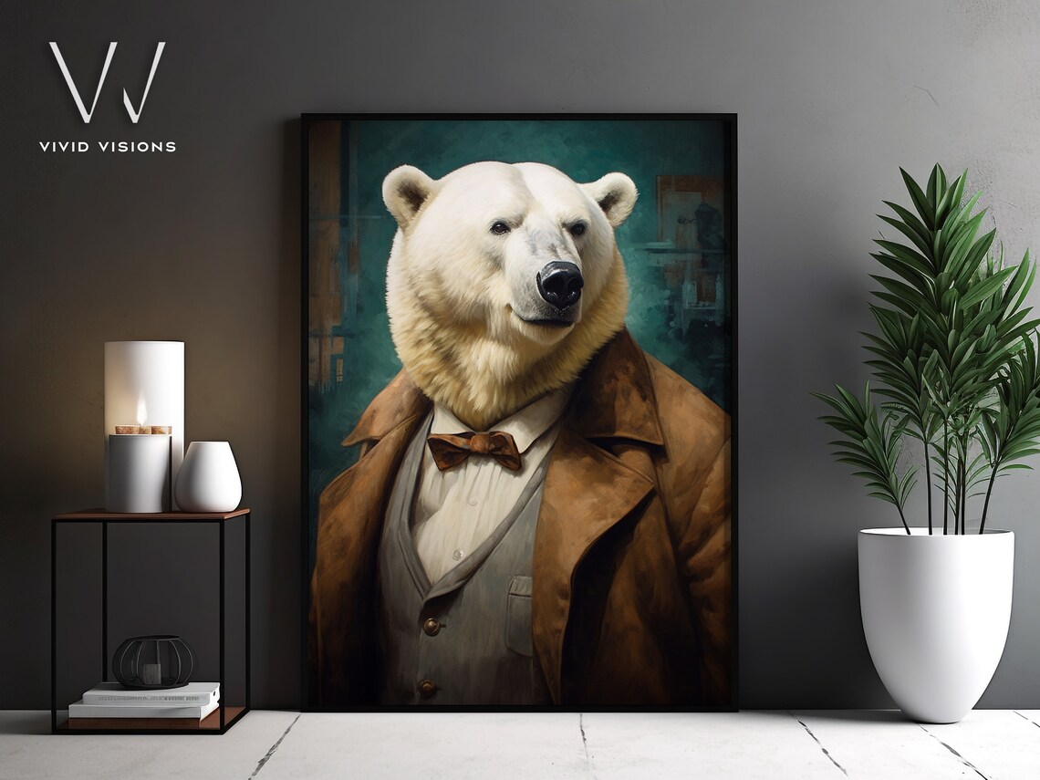 Polar Bear in a Brown Coat with Bow Tie Vintage Portrait Poster