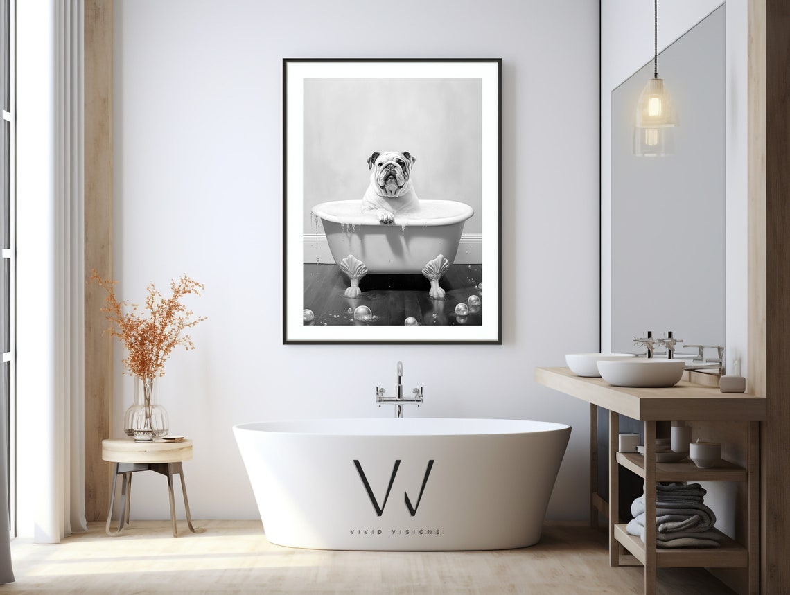English Bulldog Bubble Bath Black White Funny Bathroom Poster - Image 3