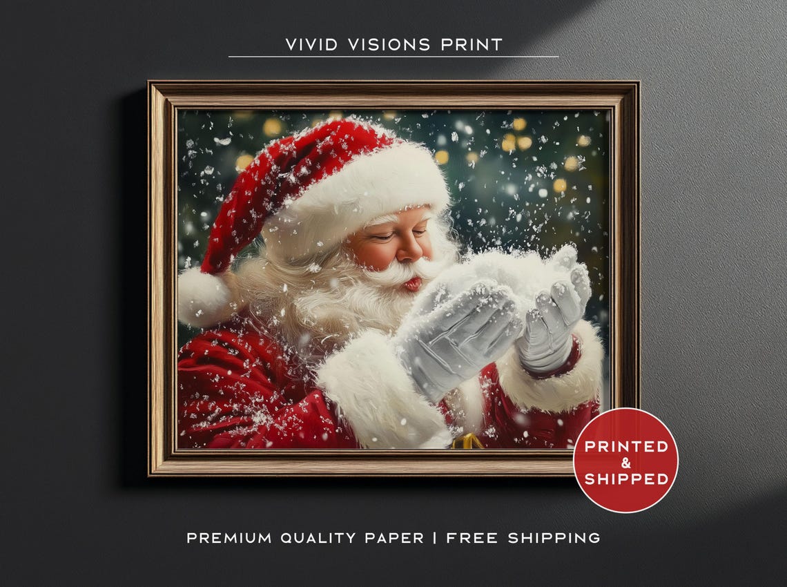 Santa Claus Blowing Snow Sparkling Christmas Night Scene Poster