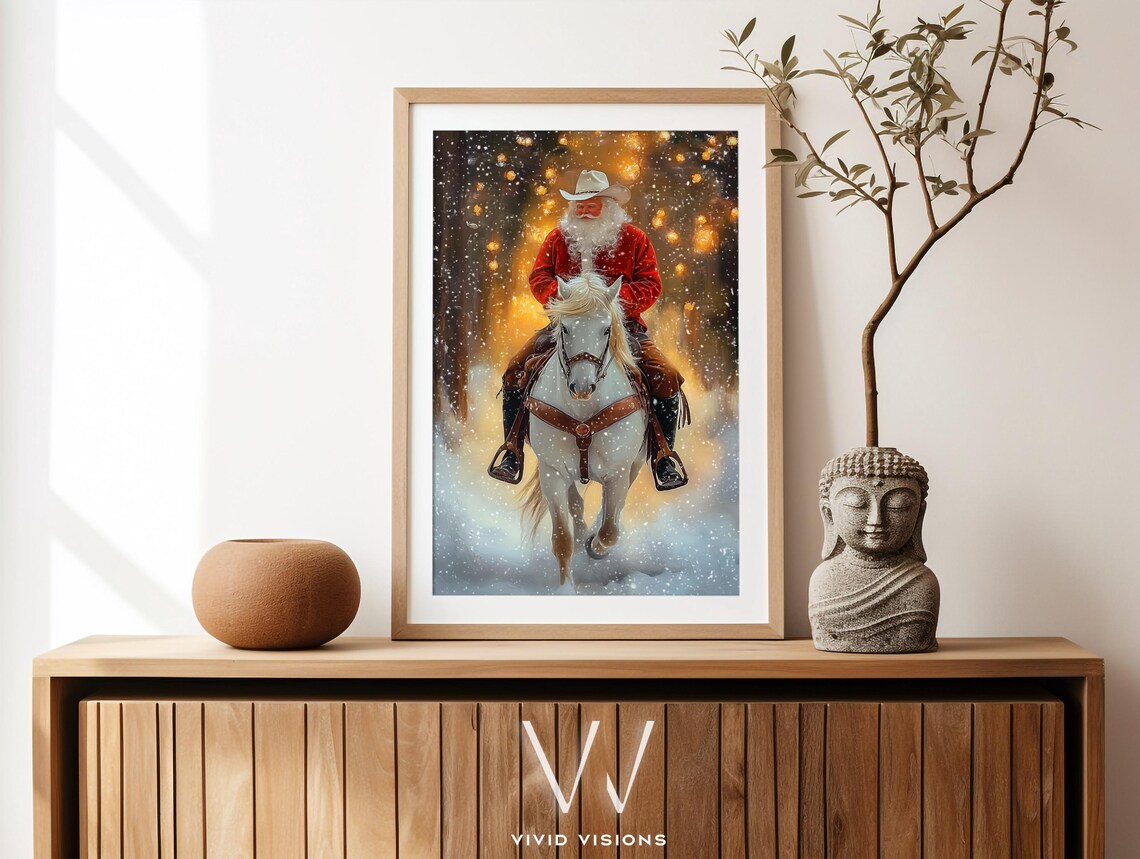 Santa On Horseback Winter Wonderland Art Print - Image 3