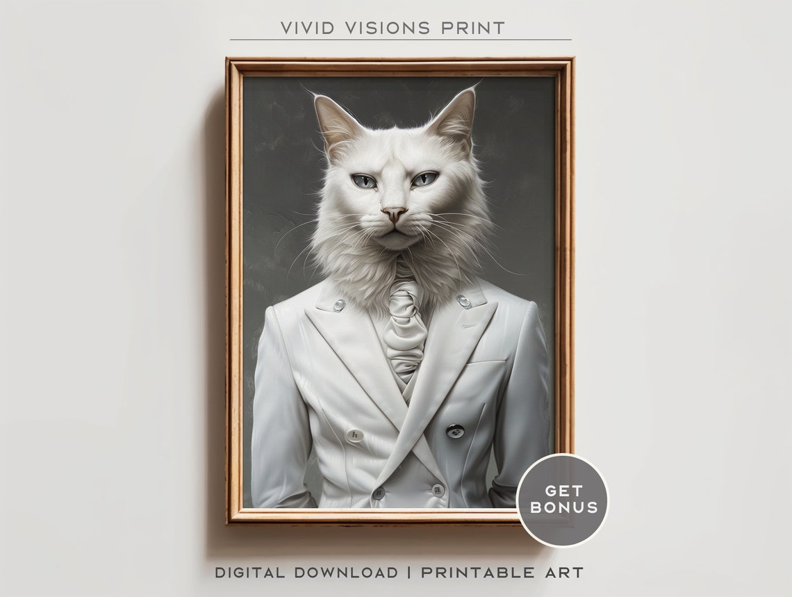 White Cat in White Suit Formal Elegant Aristocratic Pet Poster Art