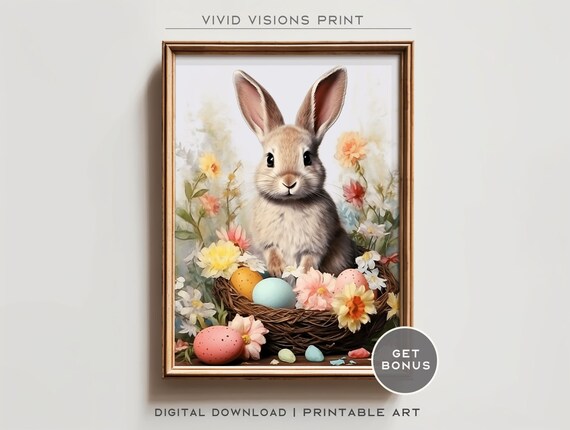 Easter Bunny in a Nest of Eggs among Watercolor Flowers Poster