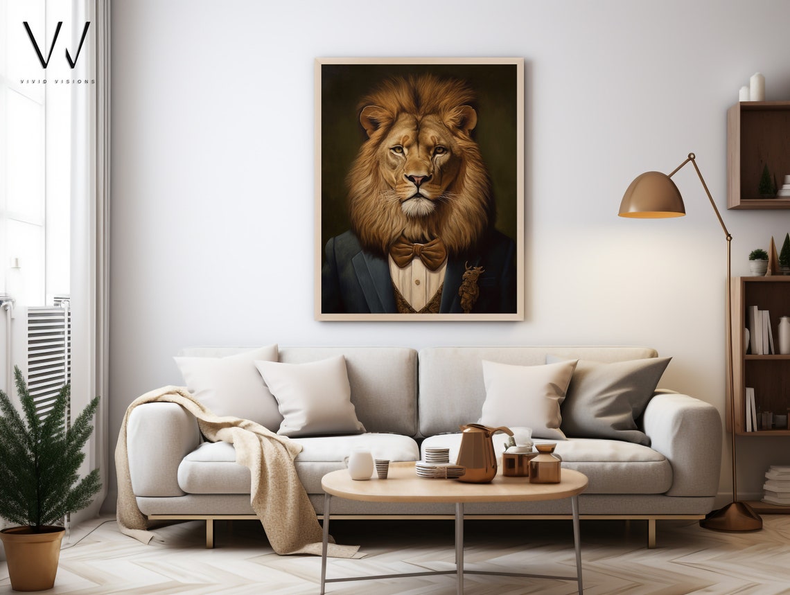 Victorian Lion Portrait Gentleman in Suit Bow Tie Gothic Art Poster - Image 3