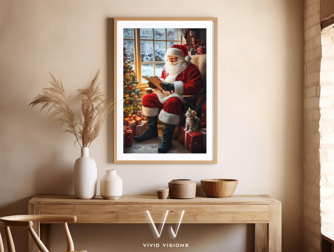 Santa Claus Reading by Christmas Tree with Kitten Warm Holiday Poster - Image 4