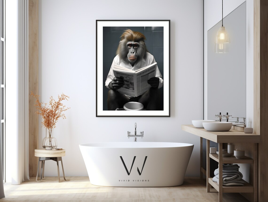 Funny Monkey in a White Shirt Reading Newspaper on the Toilet Poster - Image 3
