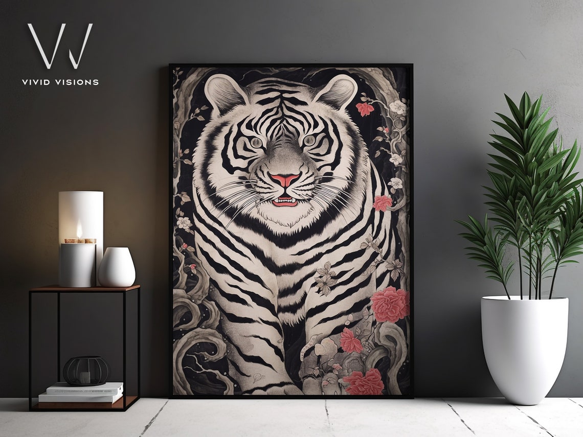 White Tiger Japanese Style Red Peony Floral Wildlife Art Poster