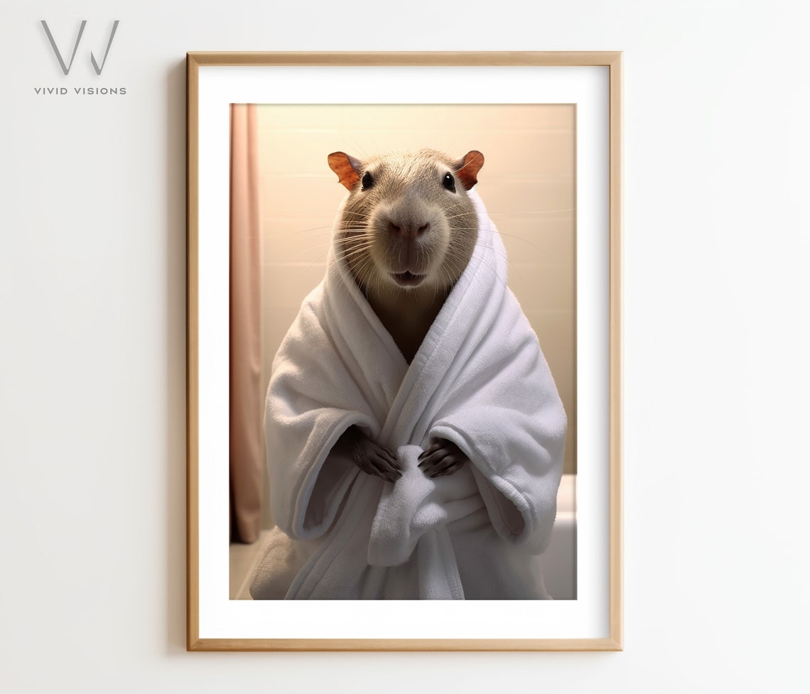 Happy Capybara in White Bathrobe Funny Smiling Bathroom Poster