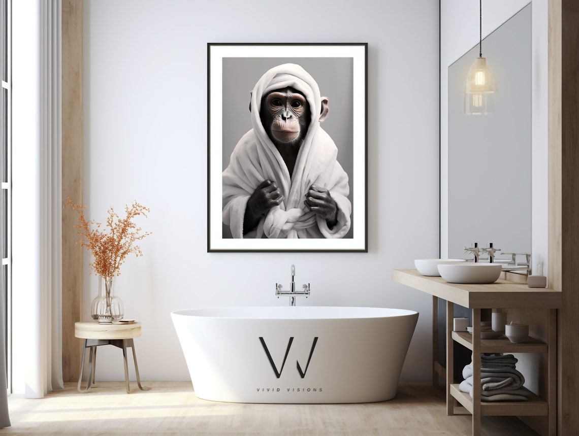 Cute Chimpanzee Wearing a White Bathrobe Hood Funny Bathroom Poster - Image 3
