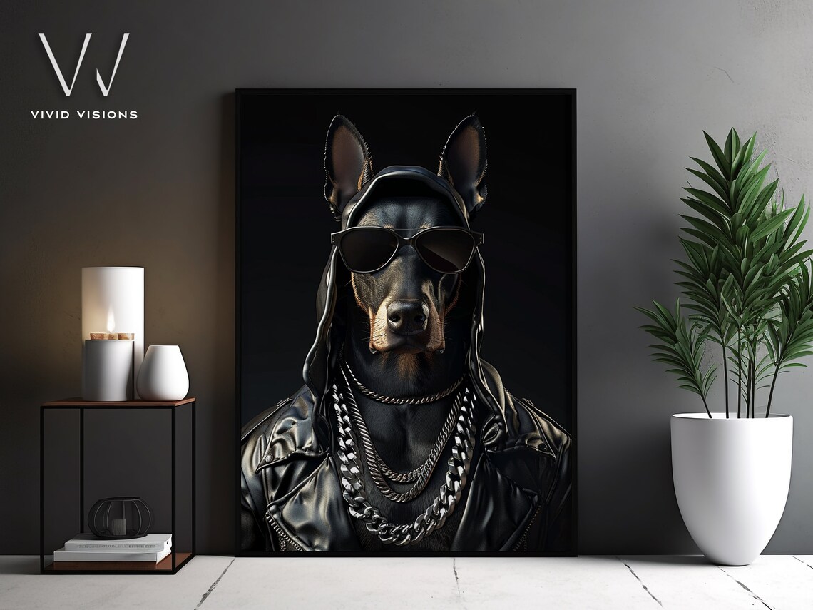Edgy Doberman in Leather Jacket, Modern Animal Art