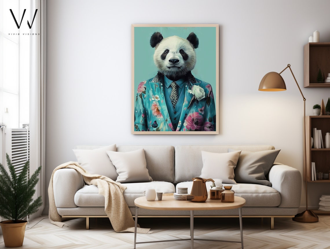 Panda Portrait Teal Floral Suit Patterned Tie Rose Boutonniere Poster - Image 4