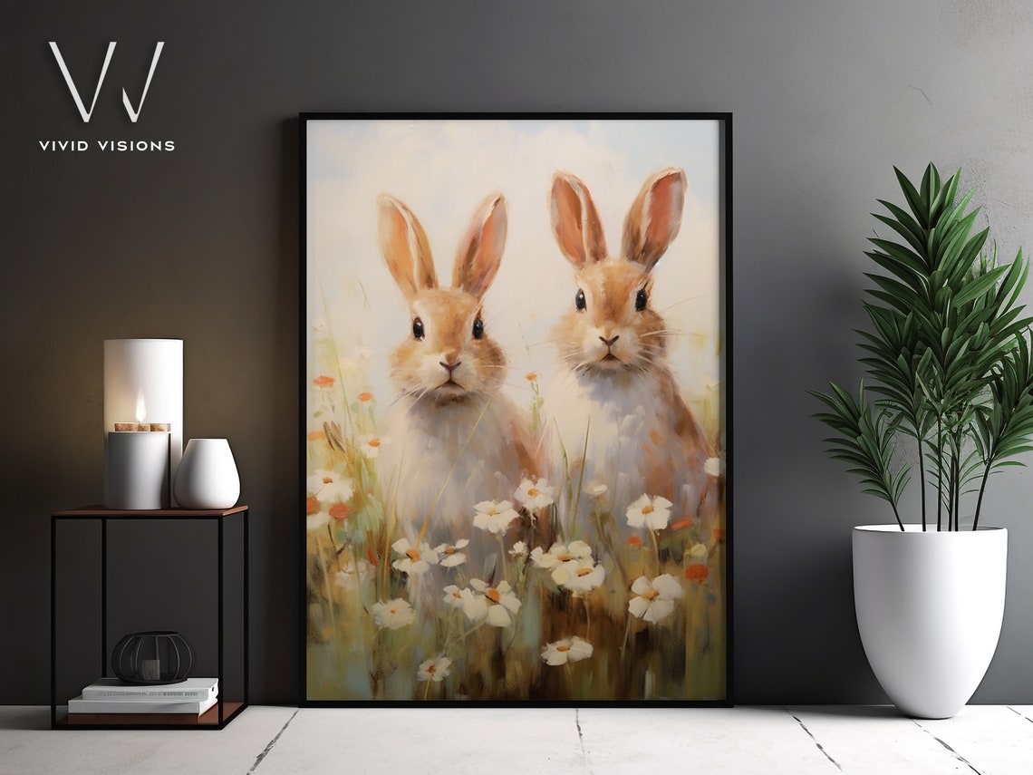 Two Sweet Bunnies Sitting Among White Daisies Spring Meadow Poster