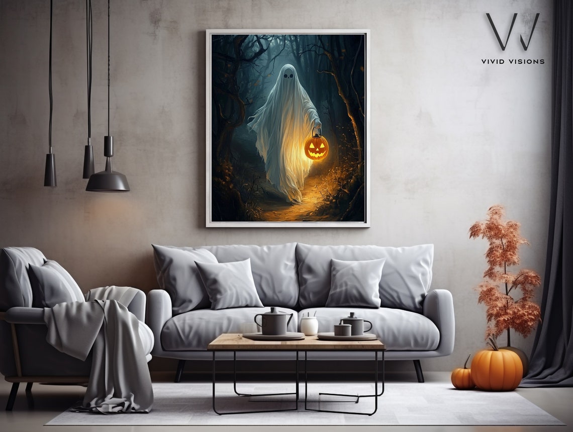 Ghost Carrying A Glowing Pumpkin Lantern Poster Dark Blue Forest Night - Image 3