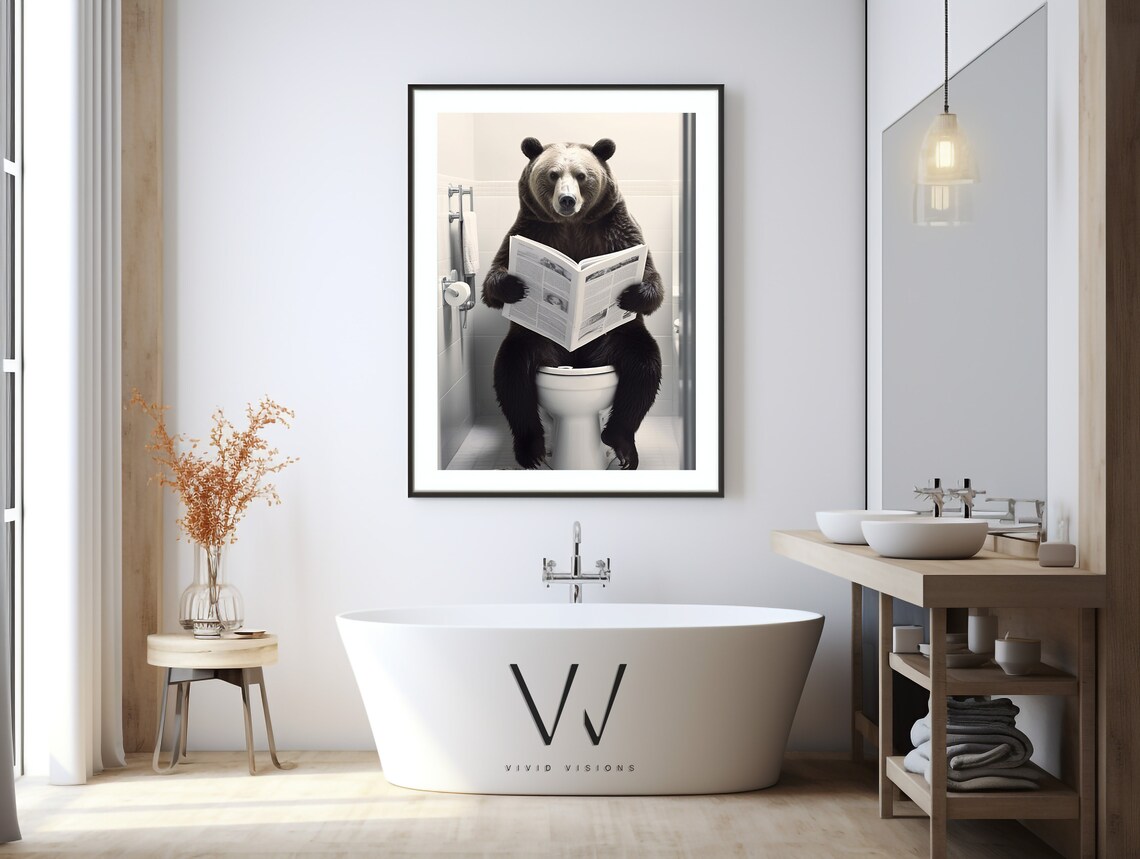 Bear Sitting On The Toilet Reading Rustic Bathroom Art - Image 3