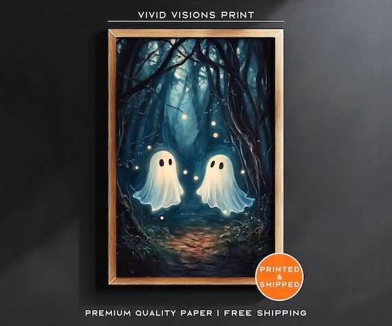 Two Glowing Ghosts In An Enchanted Forest Poster Magical Halloween Night