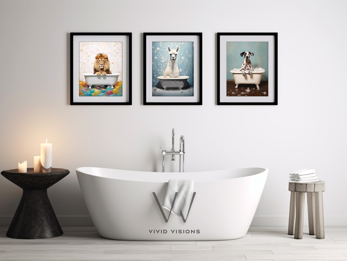 Set of 3 Dalmatian Lion Llama Bathtub Funny Bathroom Wall Art - Image 3