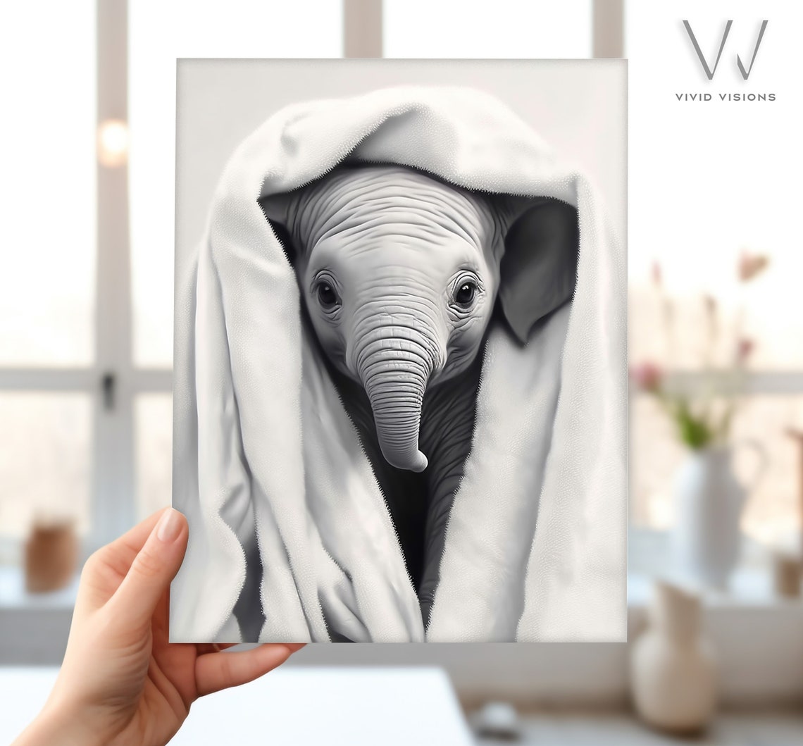 Baby Elephant in a White Towel Cute Black and White Nursery Poster - Image 4