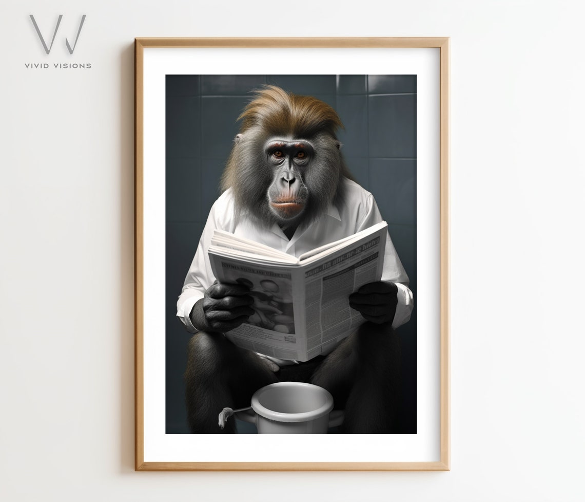 Baboon Reading a Newspaper on the Toilet Funny Bathroom Poster