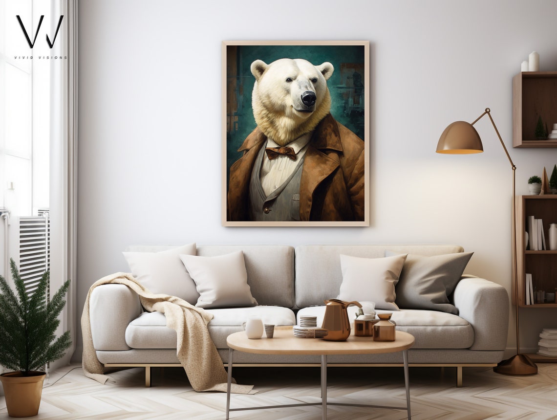 Polar Bear in a Brown Coat with Bow Tie Vintage Portrait Poster - Image 3