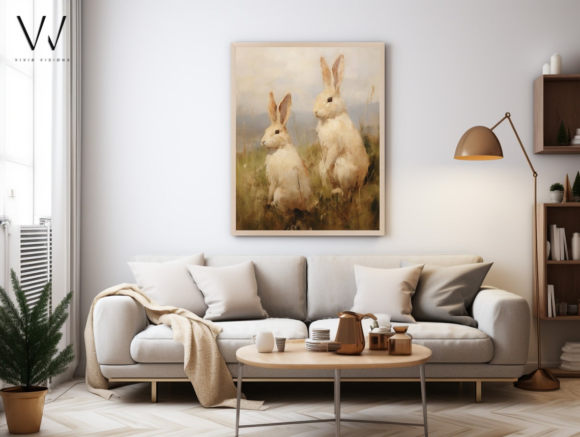 Two White Rabbits Side by Side Meadow Grass Vintage Spring Poster - Image 4
