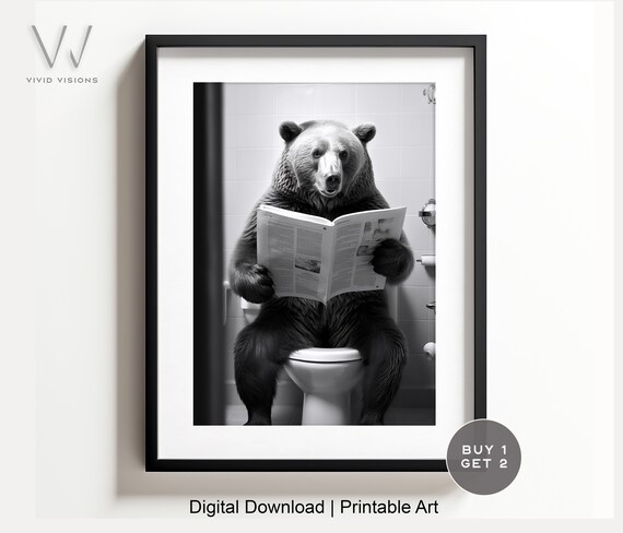 Black and White Bear Reading Newspaper on the Toilet Wall Poster