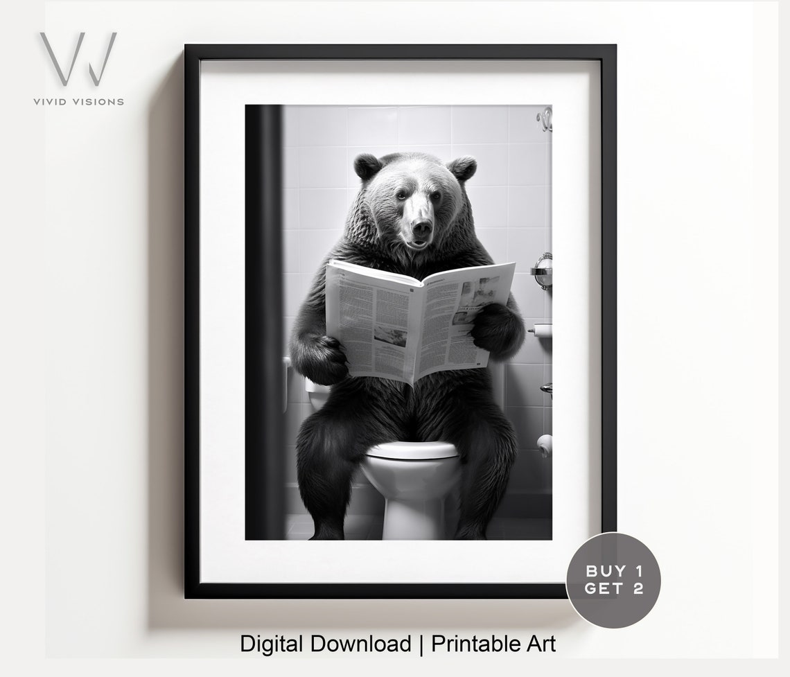 Black and White Bear Reading Newspaper on the Toilet Wall Poster