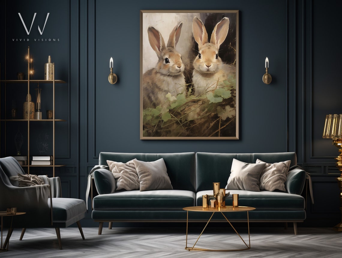 Brown Bunny Pair in the Meadow Vintage Easter Rabbit Wall Poster - Image 3