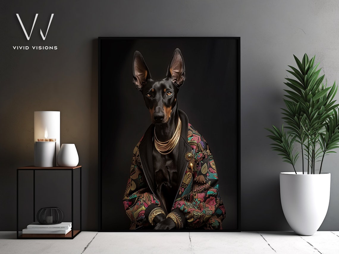 Elegant Doberman In Ornate Paisley Jacket Gold Chains Poster