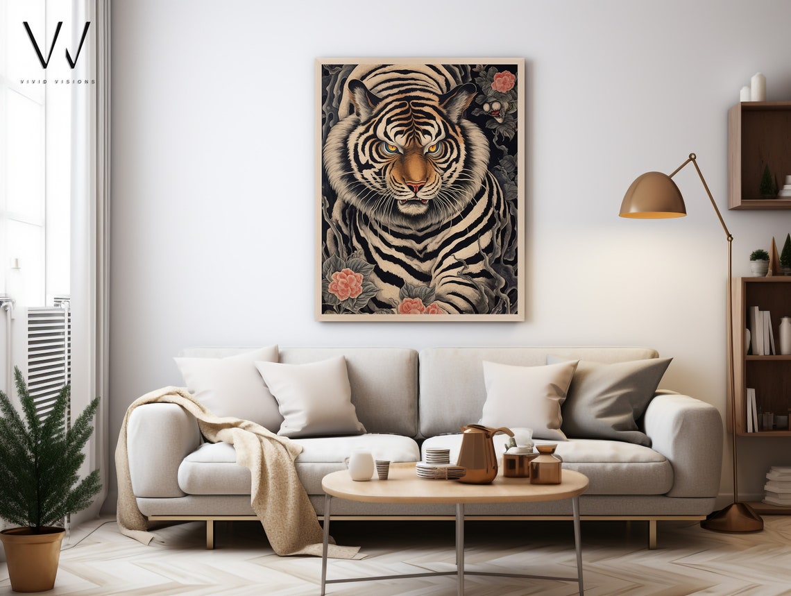 Fierce Japanese Tiger Tattoo Style Dark Peony Flower Art Poster - Image 4
