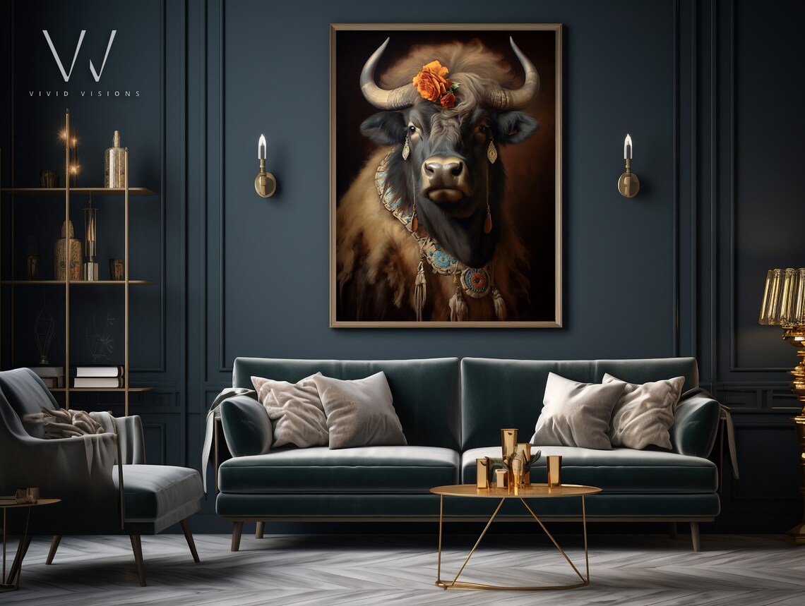 Buffalo with Orange Roses Beaded Jewelry Animal Portrait Poster - Image 4