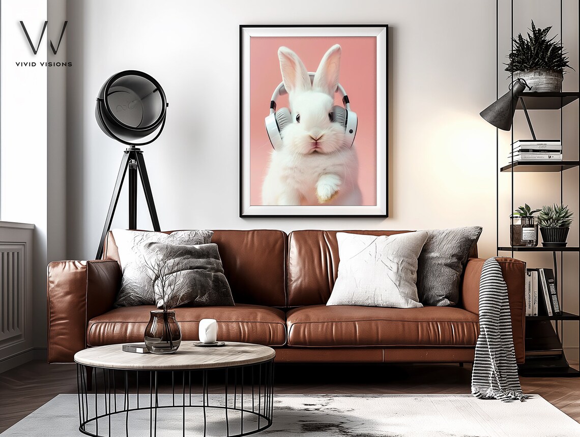 Adorable Bunny With Headphones, Modern Animal Art Print - Image 3