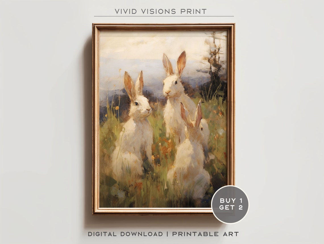White Rabbits Wildflower Meadow Spring Vintage Animal Poster