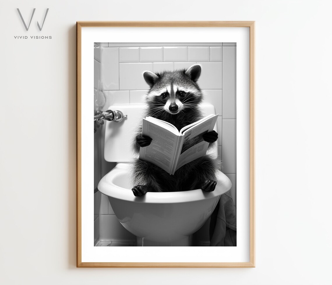 Raccoon Sitting on the Toilet Rustic Bath Art Print