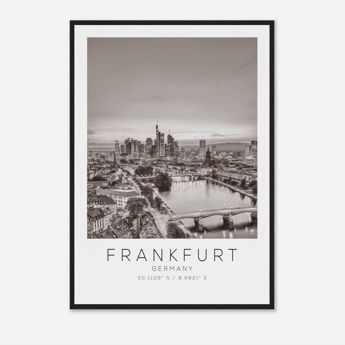 Frankfurt Germany Dusk City Panorama Black and White Travel Poster