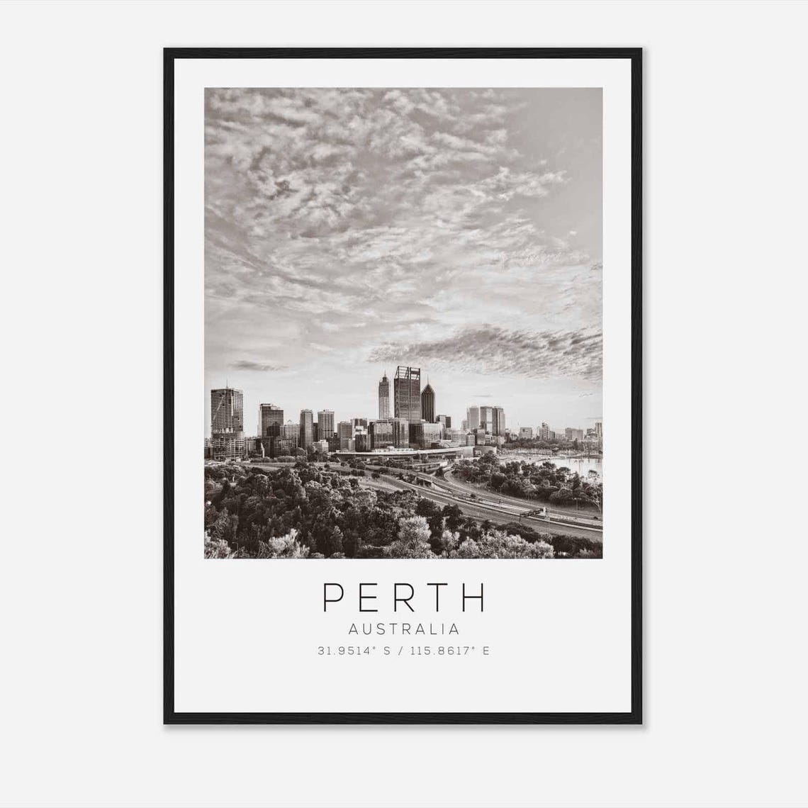 Perth Australia City Skyline Clouds Black White Photo Poster