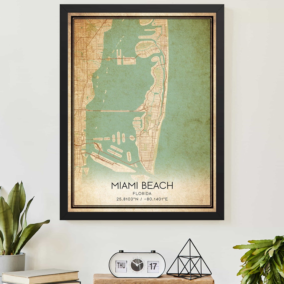 Miami Beach Florida Vintage Coastal City Map Coordinates Poster