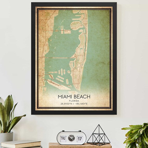 Miami Beach Florida Vintage Coastal City Map Coordinates Poster