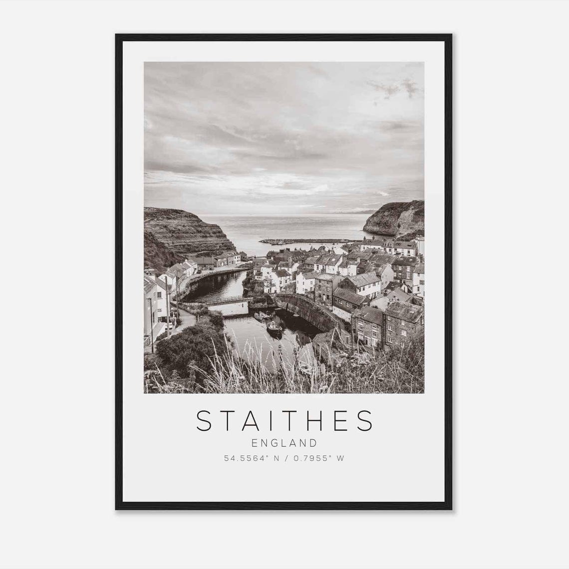 Staithes England Fishing Village Harbor Black and White Photo Poster