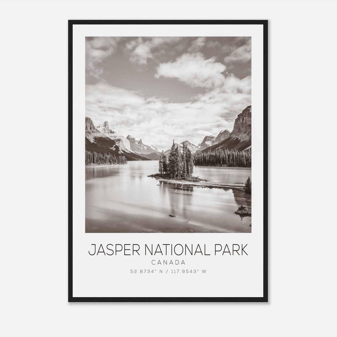 Jasper National Park Canada Black White Lake Island Pines Poster