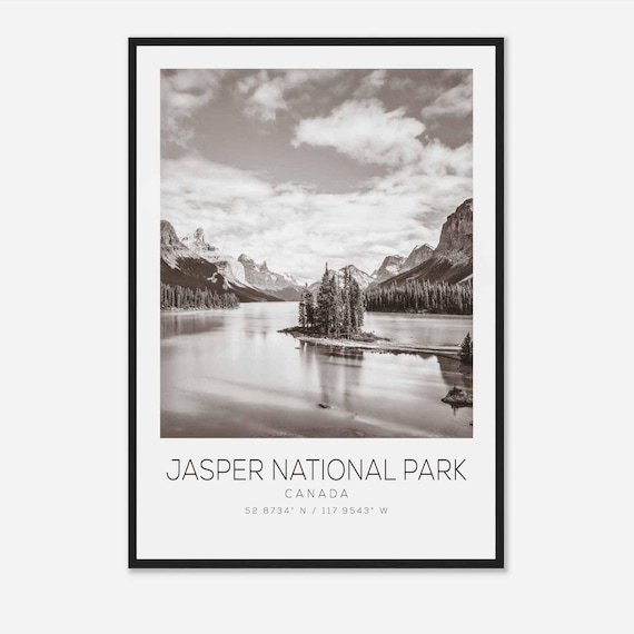 Jasper National Park Canada Black White Lake Island Pines Poster