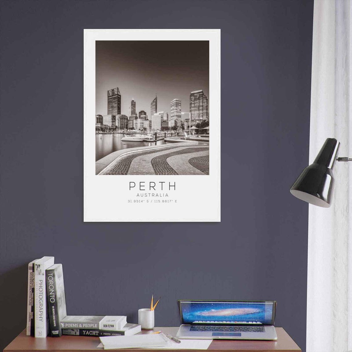 Perth Australia Harbor Night Lights Black White Photo Poster - Image 3