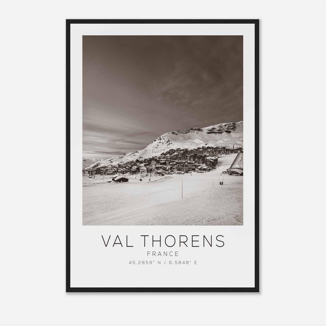 Val Thorens France Snowy Ski Resort Village Black White Poster