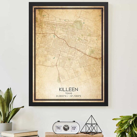 Killeen Texas Vintage City Street Map Custom Home Decor Print